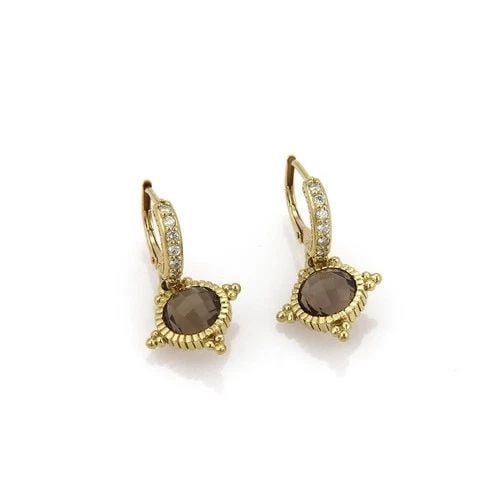 JUDITH RIPKA EARRINGS SMOKEY TOPAZ & DIAMOND 18K YELLOW GOLD DANGLE: JUDITH RIPKA EARRINGS SMOKEY TOPAZ & DIAMOND 18K YELLOW GOLD DANGLE The Judith Ripka earrings are elegant and sophisticated, featuring smoky topaz and diamond accents set in 18k yellow gold. The dangl