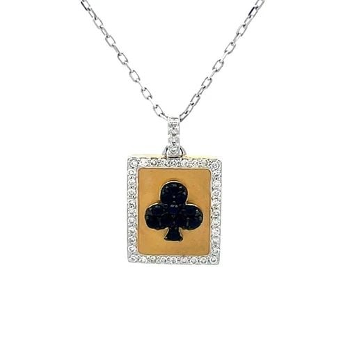DIAMOND 18K GOLD PENDANT BLACK CLUB RECTANGLE TWO TONE W/CHAIN: DIAMOND 18K GOLD PENDANT BLACK CLUB RECTANGLE TWO TONE W/CHAIN This charming pendant and chain necklace is crafted from 18k yellow and white gold. The pendant features a rectangle shape card in yellow