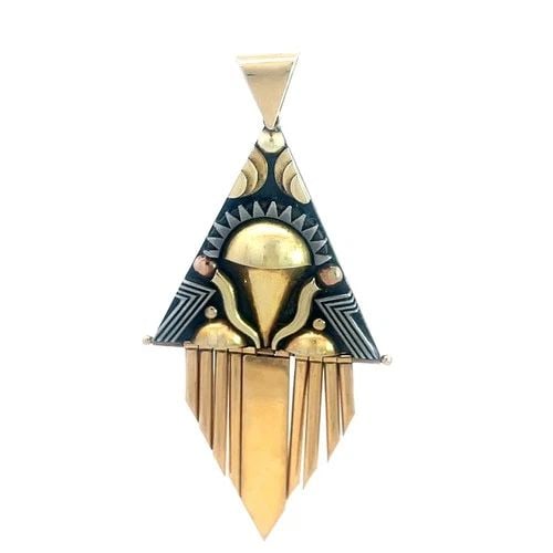 ART DECO GOLD SILVER PENDANT LARGE HAND MADE 14K YELLOW DANGLING STYLE (1 of 2)