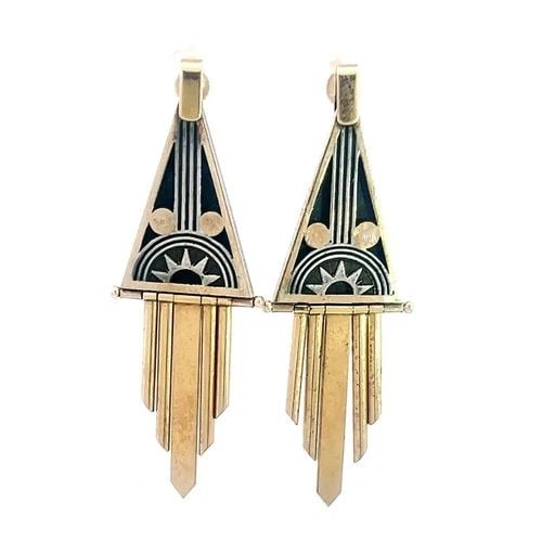 ART DECO GOLD SILVER EARRINGS HAND MADE 14K YELLOW DANGLE STYLE: ART DECO GOLD SILVER EARRINGS HAND MADE 14K YELLOW DANGLE STYLE This Art Deco pair of earrings features a unique rhombus shape with dangling assorted size bars below. In 14k yellow gold with silver ac