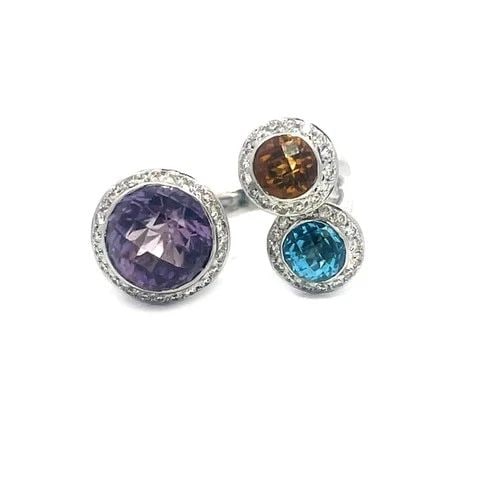 DIAMOND TOI ET MOI 18K GOLD RING MULTI-COLOR GEMS HALO TRIPLE FOCAL STYLE (1 of 2)