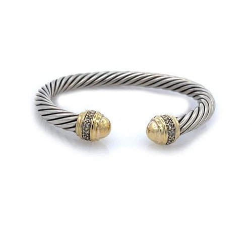 DAVID YURMAN CUFF BRACELET DIAMOND STERLING 18K YELLOW GOLD FLEX CABLE: DAVID YURMAN CUFF BRACELET DIAMOND STERLING 18K YELLOW GOLD FLEX CABLE David Yurman Diamond Sterling 18k Yellow Gold 7mm Flex Cable Cuff Bracelet Description This lovely authentic bracelet is by David