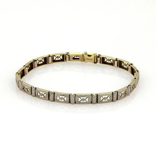 ART DECO PLATINUM GOLD BRACELET 14K YELLOW OPEN MILGRAIN DESIGN: ART DECO PLATINUM GOLD BRACELET 14K YELLOW OPEN MILGRAIN DESIGN This Art Deco Platinum Gold Bracelet features an open milgrain design with yellow and white colors, showcasing the beauty and artistry o