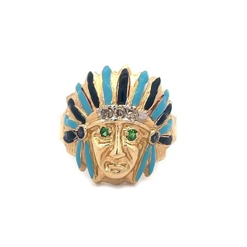 DIAMOND GOLD INDIAN HEAD RING 14K YELLOW CHIEF ENAMEL GEMSTONE (1 of 2)