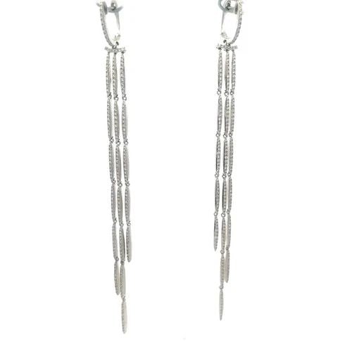 DIAMOND GOLD LONG EARRINGS 14K WHITE PAVE SET DROP DANGLE STYLE 4.6" L: DIAMOND GOLD LONG EARRINGS 14K WHITE PAVE SET DROP DANGLE STYLE 4.6" L These fashion statement earrings are from 14k white gold featuring a baby huggie hoop top with natural white diamonds and below a