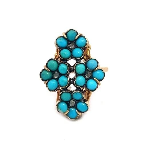 TURQUOISE GOLD RING ROSE CUT DIAMOND 13K YELLOW FLORAL STYLE VICTORIAN: 70636 VICTORIAN TURQUOISE GOLD RING ROSE CUT DIAMOND 13K YELLOW FLORAL STYLE Elevate your style with this Victorian Era ring, it is a stunning piece of antique jewelry featuring natural turquoise set 