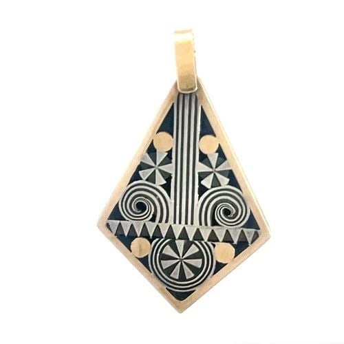 ART DECO GOLD SILVER PENDANT HANDMADE 14K YELLOW KITE SHAPE STYLE: ART DECO GOLD SILVER PENDANT HANDMADE 14K YELLOW KITE SHAPE STYLE This Art Deco pendant features a unique kite shape design in yellow and silver, set in 14k yellow gold and silver. Handmade and vintag