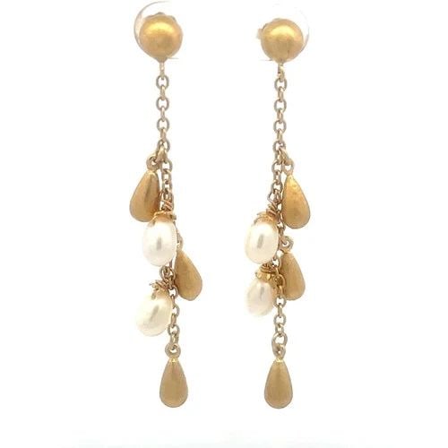 71148 ROBERTO COIN GOLD EARRINGS PEARLS 18K YELLOW TEARDROP BEADED DANGLE STYLE: These Roberto Coin gold earrings feature a long dangle chain with satin finish teardrop gold beads and white pearls. The closure is a secure butterfly closure with a gold stud top, and the earrings ar