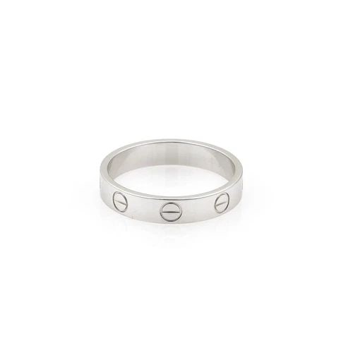 CARTIER MINI LOVE 18K WHITE GOLD 3.5MM BAND RING SIZE 48-US 4.5 CERT COPY: CARTIER MINI LOVE 18K WHITE GOLD 3.5MM BAND RING SIZE 48-US 4.5 CERT COPY Cartier Mini Love 18k White Gold 3.5mm Band Ring Size 48-US 4.5 Cert Copy Description This elite authentic band ring is by Car