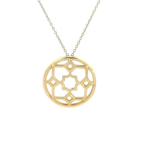 TIFFANY & CO. PICASSO ZELLIGE GOLD PENDANT 18K YELLOW ROUND FLORAL W/CHAIN: TIFFANY & CO. PICASSO ZELLIGE GOLD PENDANT 18K YELLOW ROUND FLORAL W/CHAIN This elegant Tiffany & Co. Zellige gold pendant is a stunning piece of fine jewelry from designer Paloma Picasso. Made of 18k
