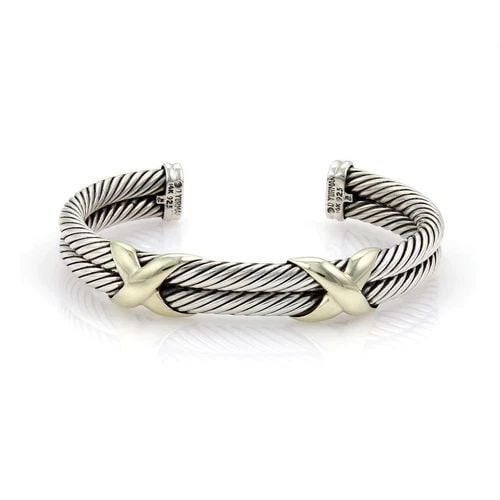 DAVID YURMAN X CUFF BRACELET STERLING & 14K YELLOW GOLD DOUBLE CABLE BAND: DAVID YURMAN X CUFF BRACELET STERLING & 14K YELLOW GOLD DOUBLE CABLE BAND David Yurman X Design Sterling & 14k Yellow Gold Double Cable Cuff Bracelet Description This is an authentic bracelet by David