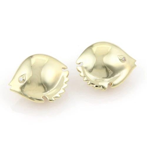 DIAMOND GOLD PUFFER FISH EARRINGS 14KT YELLOW POST CLIP CTYLE: DIAMOND GOLD PUFFER FISH EARRINGS 14KT YELLOW POST CLIP CTYLE These adorable Puffer Fish gold earrings feature natural white diamond as the fisheyes. The pair is crafted with 14k yellow gold with a po