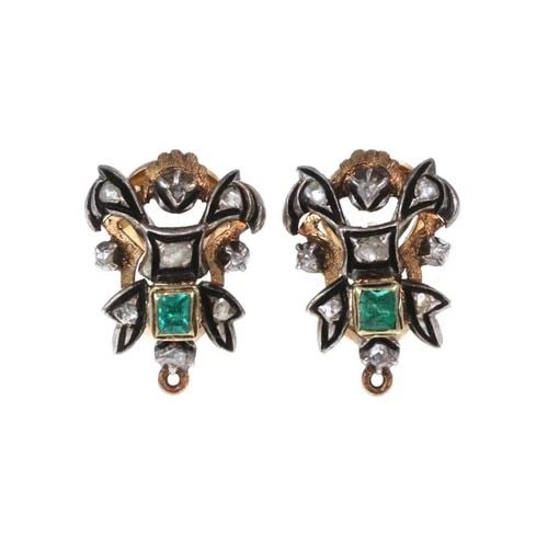 VINTAGE ROSE CUT DIAMOND EMERALD 18K GOLD & SILVER POST CLIP EARRINGS (1 of 2)