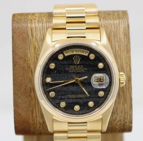 ROLEX PRESIDENT DAY-DATE 18K GOLD 36MM FERRITE DIAMOND DIAL WATCH FULL SET 18238: ROLEX PRESIDENT DAY-DATE 18K GOLD 36MM FERRITE DIAMOND DIAL WATCH FULL SET 18238 Description Rolex President Day-Date 18k Gold 36mm Ferrite Diamond Dial Watch Full Set 18238 The watch has been used pr