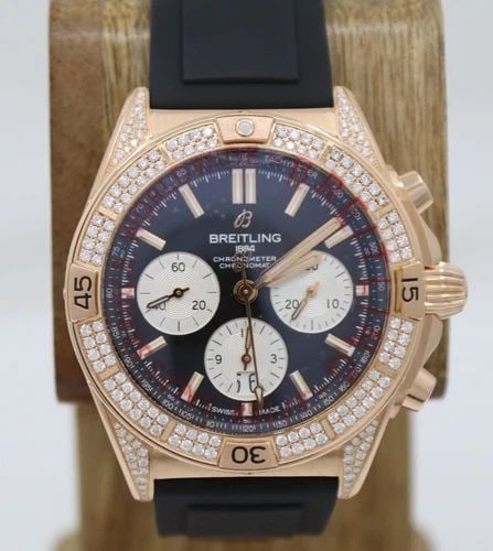 BREITLING CHRONOMAT B01 18K ROSE GOLD 42MM DIAMOND BEZEL WATCH W/BOX RB0134: BREITLING CHRONOMAT B01 18K ROSE GOLD 42MM DIAMOND BEZEL WATCH W/BOX RB0134 Description Breitling Chronomat B01 18k Rose Gold 42mm Diamond Bezel Watch W/Box & Card RB0134 The watch has been used previ