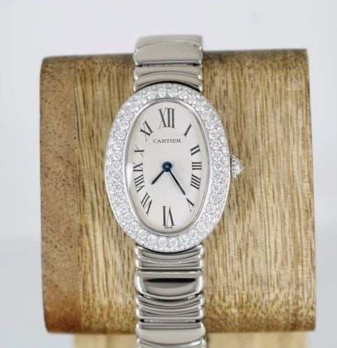 CARTIER BAIGNOIRE 18K WHITE GOLD DIAMOND BEZEL OVAL WATCH WB5097L2 1955 W/ BOX: CARTIER BAIGNOIRE 18K WHITE GOLD DIAMOND BEZEL OVAL WATCH WB5097L2 1955 W/ BOX Description Cartier Baignoire 18K White Gold Diamond Bezel Oval Watch WB5097L2 1955 W/ Box The watch has been used previo