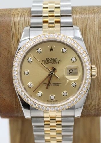 ROLEX DATEJUST 18K TWO TONE 36MM CHAMPAGNE DIAMOND DIAL WATCH BOX PAPERS 116243: ROLEX DATEJUST 18K TWO TONE 36MM CHAMPAGNE DIAMOND DIAL WATCH BOX PAPERS 116243 Description Rolex Datejust 18k Two Tone 36mm Champagne Diamond Dial Watch Box Papers 116243 The watch has been used prev