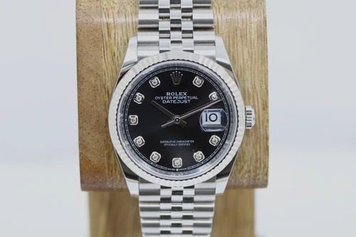 ROLEX DATEJUST STAINLESS JUBILEE 36MM BLACK DIAMOND DIAL WATCH 126234 BOX PAPERS: ROLEX DATEJUST STAINLESS JUBILEE 36MM BLACK DIAMOND DIAL WATCH 126234 BOX PAPERS Description 2022 Rolex Datejust Stainless Jubilee 36mm Black Diamond Dial Watch 126234 Box Papers The watch has been us