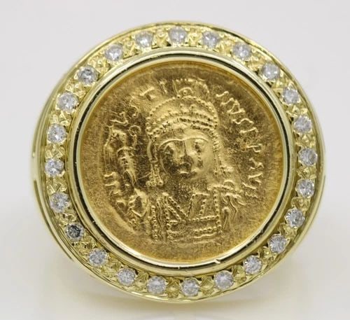 JUSTINE II BYZANTINE EMPIRE GOLD COIN IN 18K YELLOW GOLD RING SIZE 12.5 ~ 24.4G: JUSTINE II BYZANTINE EMPIRE GOLD COIN IN 18K YELLOW GOLD RING SIZE 12.5 ~ 24.4G Description Justine II Byzantine Empire Gold Coin in 18k Yellow Gold Ring Coin/ring is in good condition. May show signs