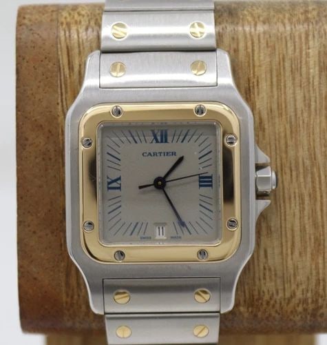 CARTIER SANTOS GALBEE STEEL & GOLD 29MM GREY DIAL QUARTZ WATCH 187901: CARTIER SANTOS GALBEE STEEL & GOLD 29MM GREY DIAL QUARTZ WATCH 187901 Description Cartier Santos Galbee Steel & Gold 29mm Grey Dial Quartz Watch 187901 The watch has been used previously. The watch ha