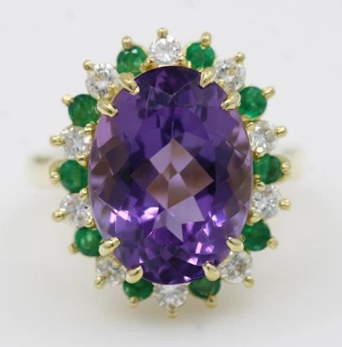 NEIMAN MARCUS 18K YELLOW GOLD AMETHYST, DIAMOND & EMERALD RING SIZE 7.5- 13G (1 of 2)