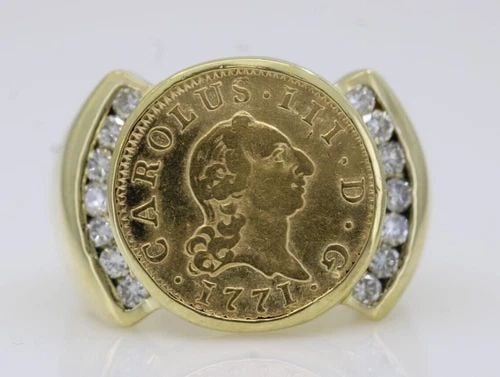1771 ½ ESCUDO CHARLES III 21K GOLD SPANISH COIN IN 18K GOLD DIAMOND RING SZ 6.5: 1771 ½ ESCUDO CHARLES III 21K GOLD SPANISH COIN IN 18K GOLD DIAMOND RING SZ 6.5 Description 1771 ½ Escudo Charles III 21k Gold Spanish Coin in 18K Yellow Gold Diamond Ring The coin ring 