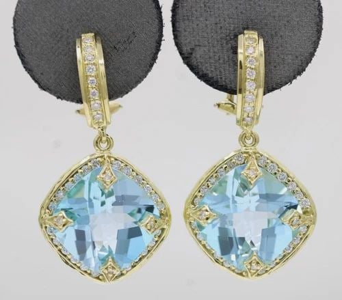 SEIDENGANG SG 18K YELLOW GOLD DIAMOND & BLUE TOPAZ DANGLE EARRINGS 19.2 GRAMS (1 of 2)