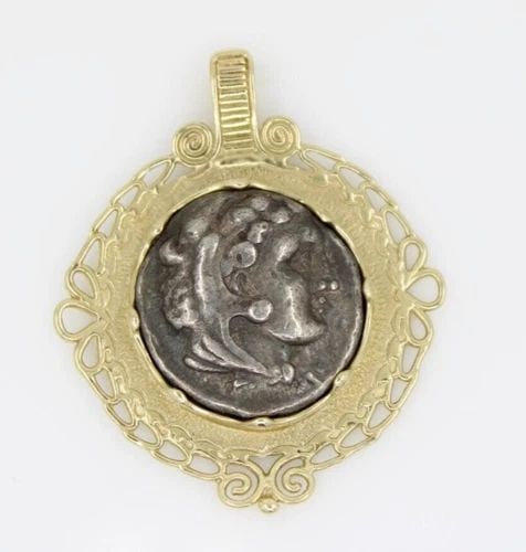 ANCIENT GREEK ALEXANDER THE GREAT 336-323 BC SILVER TETRADRACHM IN 14K PENDANT (1 of 2)