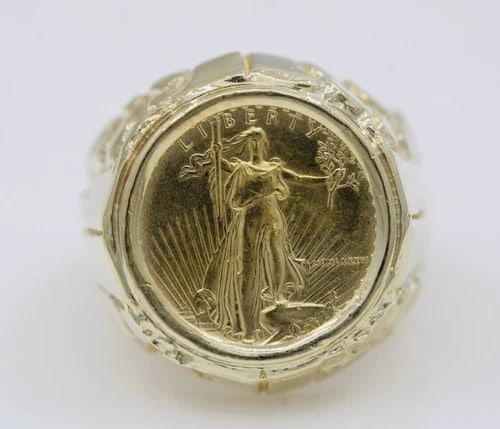 1986 $5 AMERICAN EAGLE 1/10OZ GOLD COIN IN 14K YELLOW GOLD RING SIZE 8.5 - 14.8G (1 of 2)