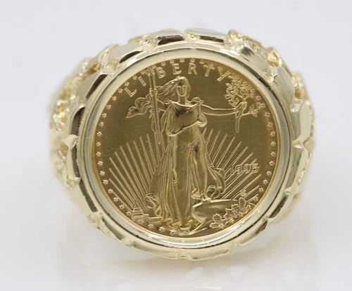 1995 $5 AMERICAN EAGLE 1/10OZ GOLD COIN IN 14K YELLOW GOLD RING SIZE 9.5 - 11.2G: 1995 $5 AMERICAN EAGLE 1/10OZ GOLD COIN IN 14K YELLOW GOLD RING SIZE 9.5 - 11.2G 1995 $5 AMERICAN EAGLE 1/10OZ GOLD COIN IN 14K YELLOW GOLD RING SIZE 9.5 - 11.2G Description 1995 $5 American Eagle 1/1