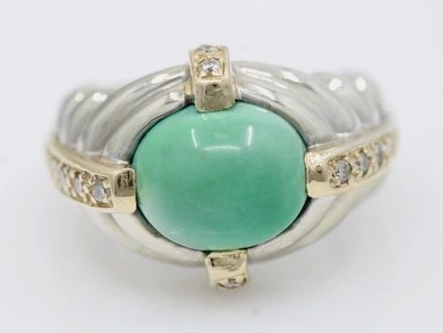 RARE LEVIAN 14K WHITE GOLD TURQUOISE & DIAMOND RING SIZE 7 - 14.9 GRAMS: RARE LEVIAN 14K WHITE GOLD TURQUOISE & DIAMOND RING SIZE 7 - 14.9 GRAMS RARE LEVIAN 14K WHITE GOLD TURQUOISE & DIAMOND RING SIZE 7 - 14.9 GRAMS Description Rare LeVian 14k White Gold Turquoise & Diamo