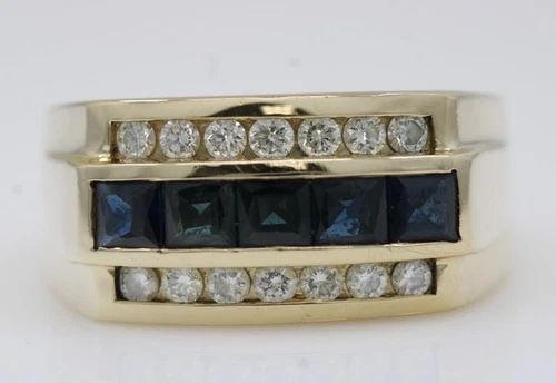 EFFY 14K YELLOW GOLD 3.5 CT NATURAL SAPPHIRE & DIAMOND CHANNEL BAND RING SIZE 13: EFFY 14K YELLOW GOLD 3.5 CT NATURAL SAPPHIRE & DIAMOND CHANNEL BAND RING SIZE 13 Description Effy 14K Yellow Gold 3.5 TCW Natural Sapphire & Diamond Channel Band Ring Ring is in good condition. Shows 