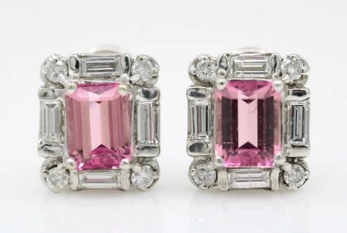 SBJ 14K WHITE GOLD 6.35 TCW PINK TOURMALINE & DIAMONDS LEVER BACK EARRINGS 8.2 G (1 of 2)