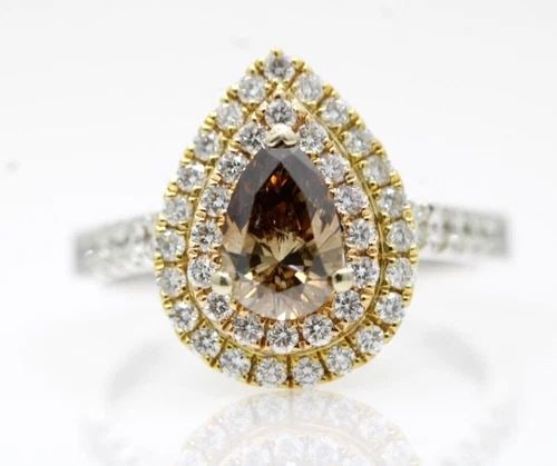 18K WHITE GOLD 1.75 TCW NATURAL CHOCOLATE PEAR DIAMOND DOUBLE HALO RING SIZE 8 (1 of 2)
