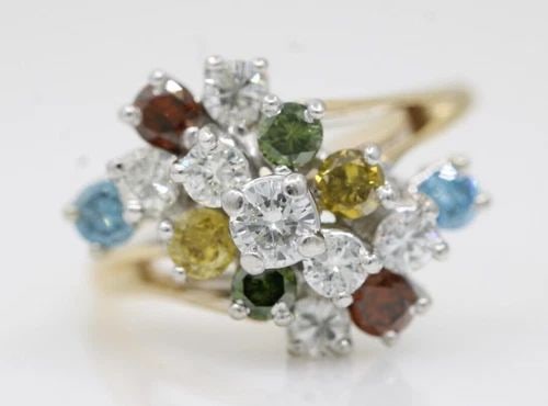 14K YELLOW GOLD WHITE AND COLOR TREATED DIAMOND CLUSTER RING SIZE 10 - 6.4 GRAMS: 14K YELLOW GOLD WHITE AND COLOR TREATED DIAMOND CLUSTER RING SIZE 10 - 6.4 GRAMS 14K YELLOW GOLD WHITE AND COLOR TREATED DIAMOND CLUSTER RING SIZE 10 - 6.4 GRAMS Description 14K Yellow Gold White and 