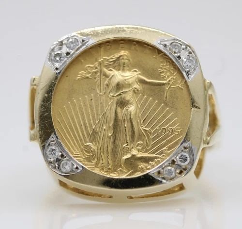 1995 $5 AMERICAN GOLD EAGLE 1/10 OZ COIN IN 14K YELLOW GOLD RING SIZE 7.5: 1995 $5 AMERICAN GOLD EAGLE 1/10 OZ COIN IN 14K YELLOW GOLD RING SIZE 7.5 Description 1995 $5 American Gold Eagle 1/10 oz Coin in 14K Yellow Gold Ring Item is in good condition. May show signs of wear
