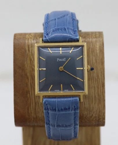 PIAGET SQUARE 26MM BLUE DIAL MECHANICAL GOLD PLATED WATCH W/ BLUE LEATHER BAND (1 of 2)
