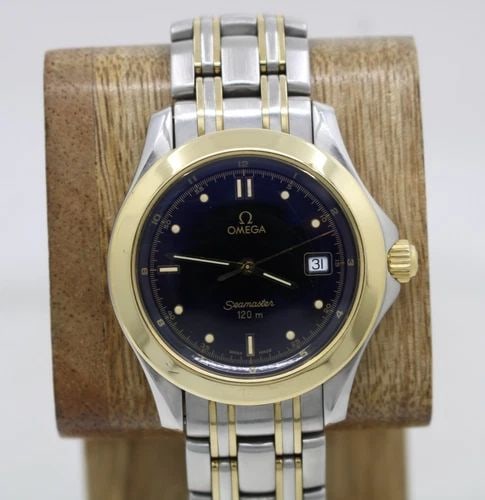 OMEGA SEAMASTER 18K GOLD TWO-TONE 36MM BLACK DATE DIAL QUARTZ WATCH 1501/823 (1 of 2)