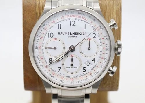 BAUME & MERCIER CAPELAND 42MM WHITE CHRONO DIAL AUTOMATIC WATCH W/ BOX M0A10061: BAUME & MERCIER CAPELAND 42MM WHITE CHRONO DIAL AUTOMATIC WATCH W/ BOX M0A10061 Description Baume & Mercier Capeland 42mm White Chrono Dial Automatic Watch W/ Box M0A10061 The watch has been used prev