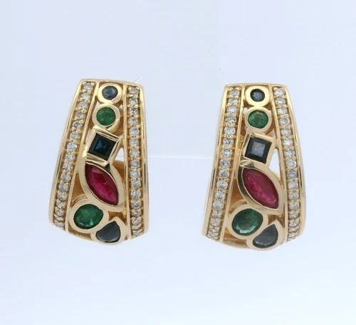 EFFY BH 14K YELLOW GOLD EMERALD RUBY SAPPHIRE DIAMOND HOOP EARRINGS (1 of 2)