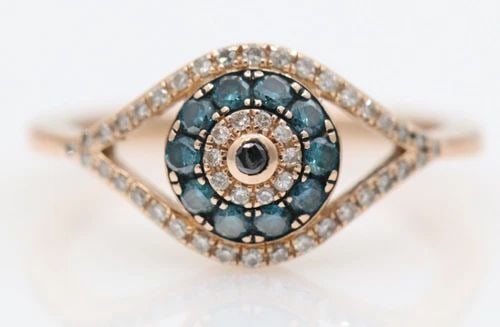 EFFY 14K ROSE GOLD 0.37 TCW BLUE, WHITE & BLACK DIAMOND EVIL EYE RING SIZE 7 (1 of 2)