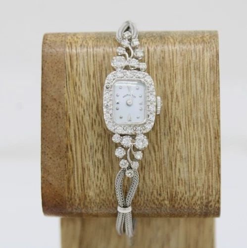 VINTAGE HAMILTON 14K WHITE GOLD DIAMOND MECHANICAL LADIES WATCH 5.5" ~ 14GR (1 of 2)