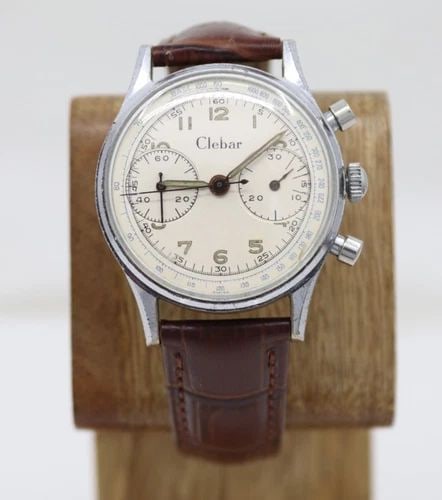 VINTAGE CLEBAR CHRONOGRAPH 35MM MANUAL WATCH W/ BROWN LEATHER BAND (1 of 2)