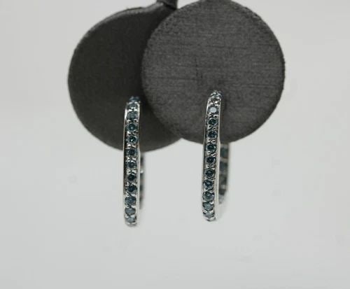 14K WHITE GOLD 1.33 TCW NATURAL BLUE DIAMOND INSIDE OUTSIDE SQUARE HOOP EARRINGS (1 of 2)