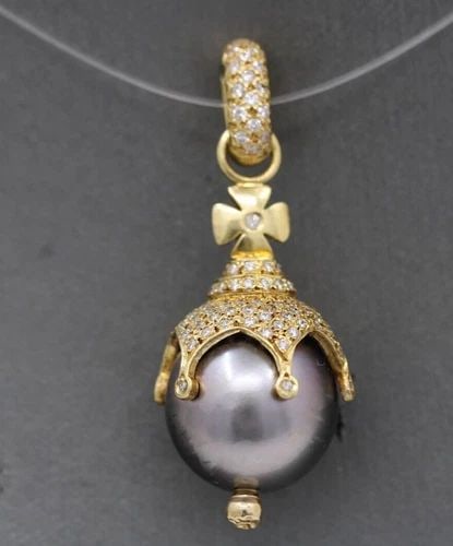 ERICA COURTNEY 18K YELLOW GOLD TAHITIAN PEARL & DIAMONDS PENDANT CHARM 8 GR (1 of 2)