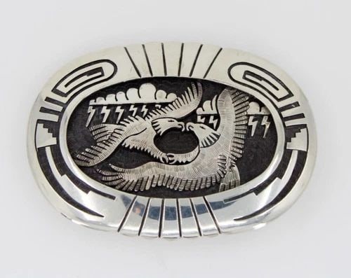 NATIVE AMERICA HOPI WATSON HONANIE STERLING SILVER & 14K BELT BUCKLE - 127 GRAMS: NATIVE AMERICA HOPI WATSON HONANIE STERLING SILVER & 14K BELT BUCKLE - 127 GRAMS NATIVE AMERICA HOPI WATSON HONANIE STERLING SILVER & 14K BELT BUCKLE - 127 GRAMS Description Native American Hopi Watso