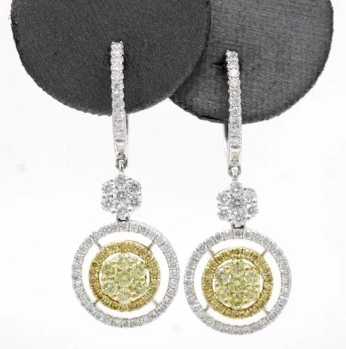 18K WHITE GOLD NATURAL YELLOW & WHITE DIAMOND FLOWER DANGLE EARRINGS 5.5 GRAMS (1 of 2)