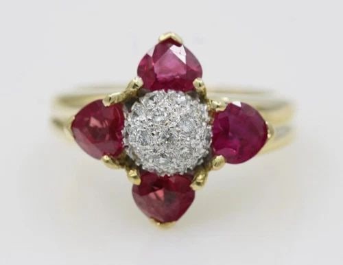 18K YELLOW GOLD NATURAL RUBY & DIAMOND FLOWER RING SIZE 5.5 - 6.3 GRAMS (1 of 2)
