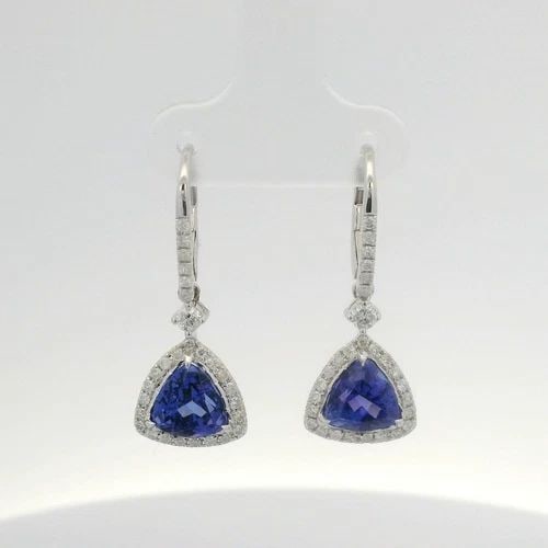 DESIGNER 14K WHITE GOLD TRILLION CUT TANZANITE & DIAMOND EARRINGS (1 of 2)