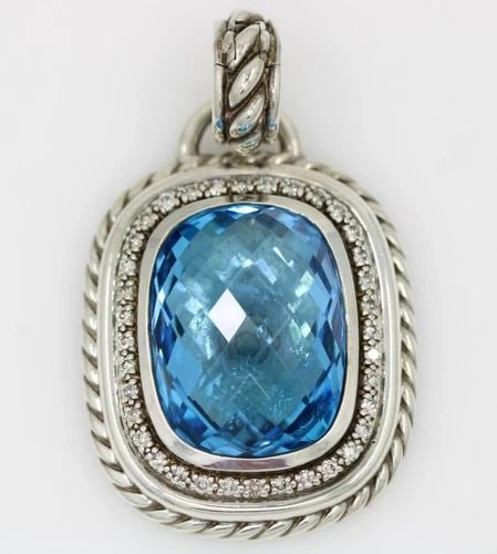 DAVID YURMAN STERLING SILVER BLUE TOPAZ & DIAMOND ALBION ENHANCER PENDANT XL (1 of 2)